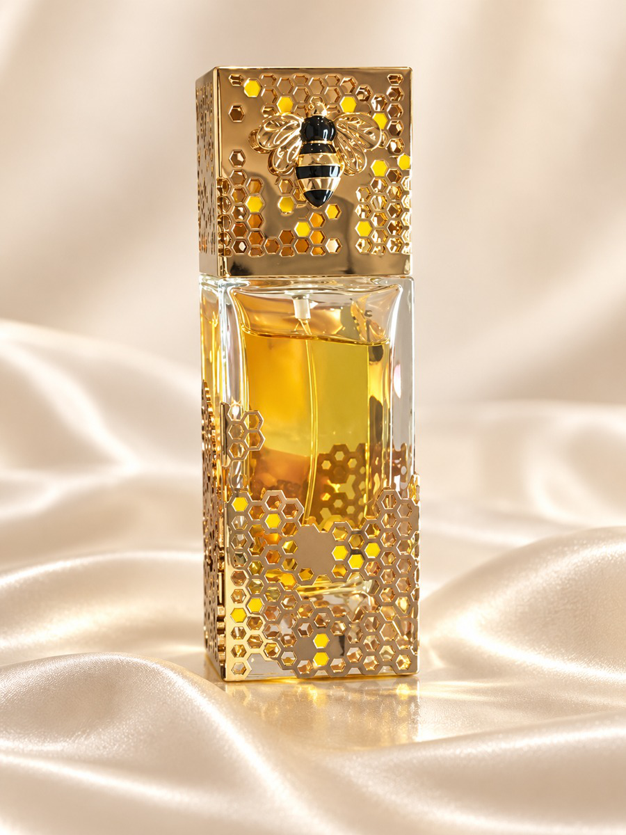 Perfume Atheeri em frasco dourado sobre tecido claro
